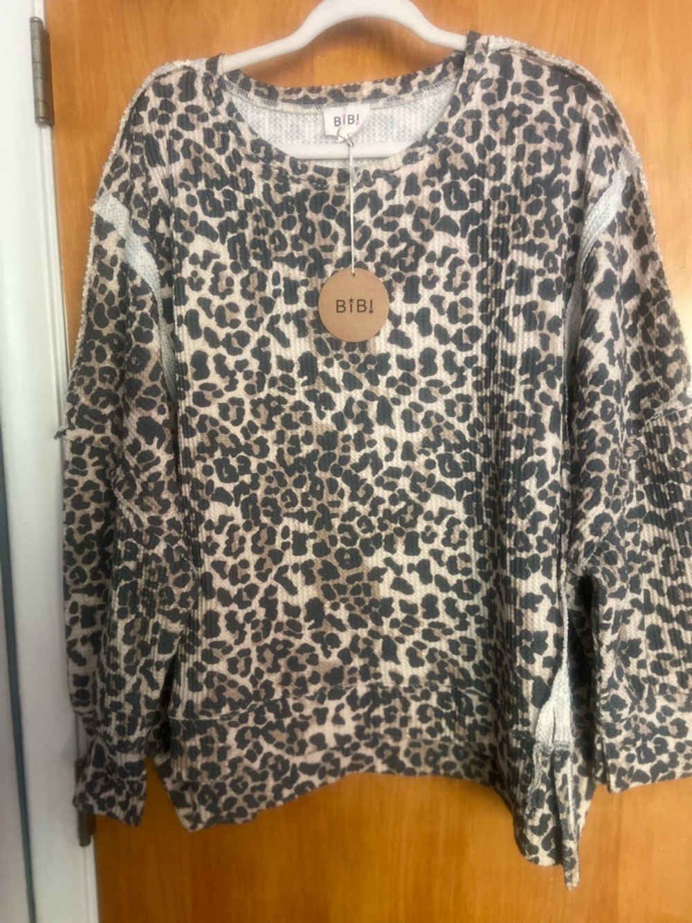 BiBi Leopard Print Waffle-Knit Long-Sleeve Top in Beige and Black